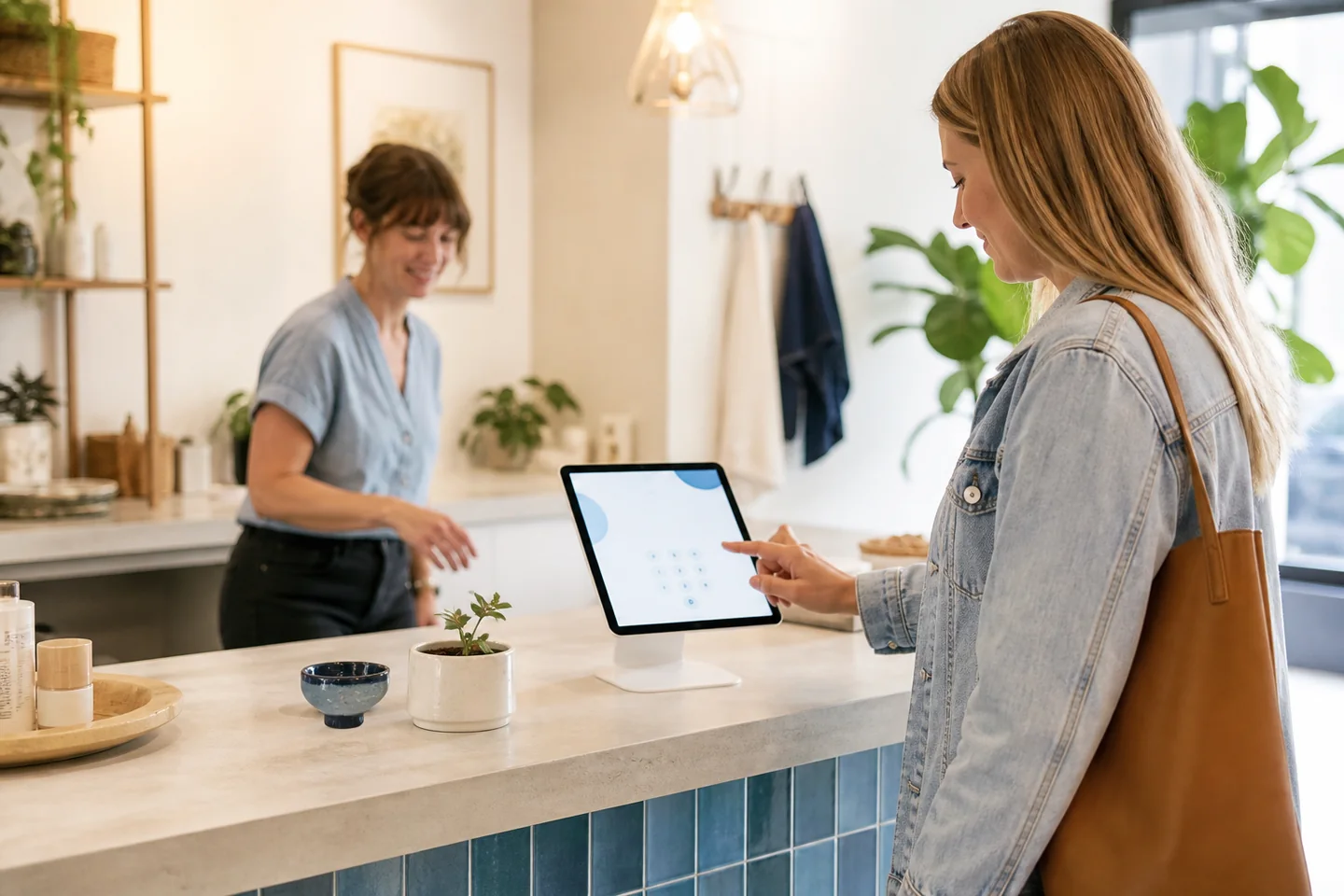 A customer using a counter tablet after visiting a neighborhood business
