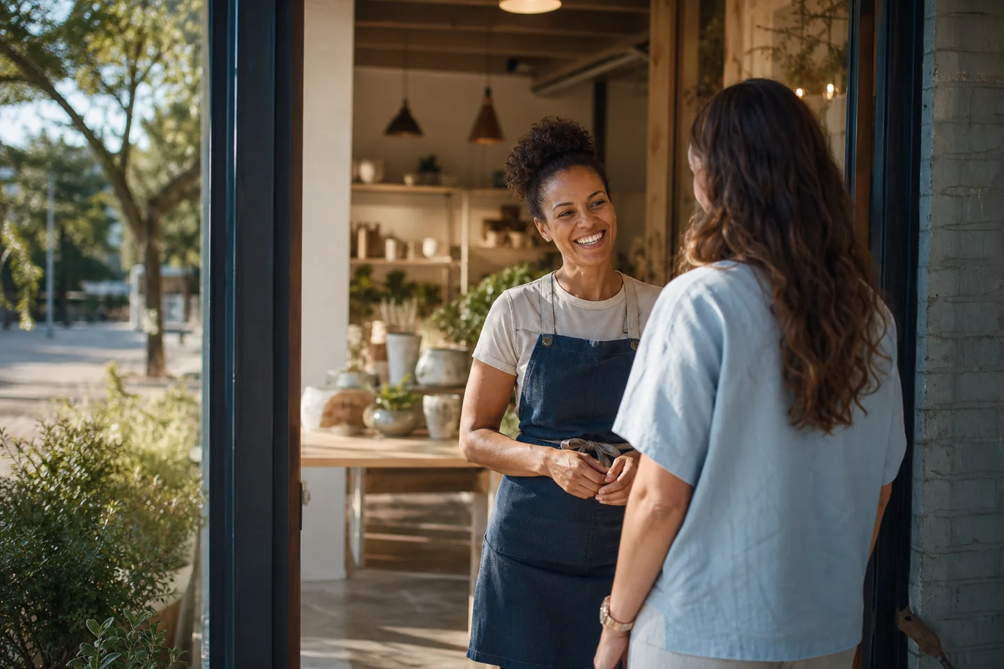 A Houston business owner greeting a customer at the door